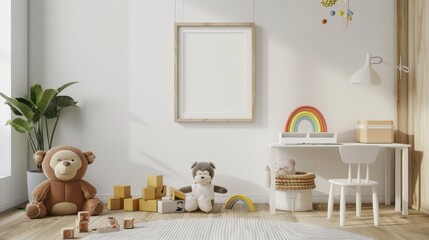 Playful and cozy interior of a boy's room with a white desk, mock poster frame, animal basket, plush monkeys, rainbow ornament, and wooden blocks for a personal touch