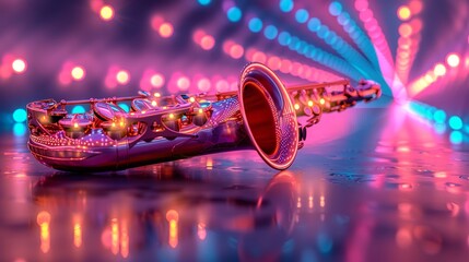 Cyber saxophone shining in neon futuristic setting for a vibrant visual experience