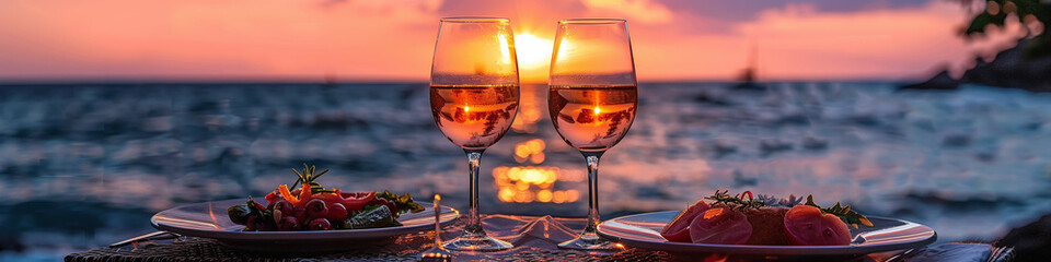 wo glasses of wine at a dinner on the beach on sunset