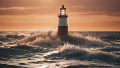 lighthouse in the middle of the sea, sunset colors and little wavy sea
