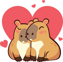Couple of capybaras in love. Cute cartoon couple of capybaras with hearts, Valentine's day themed illustration.