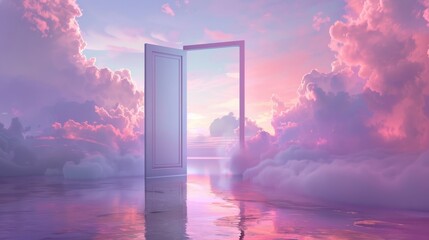 Dreamy landscape seen through a door, with a reflective lake and floating clouds under a sky painted in pastel pink and purple
