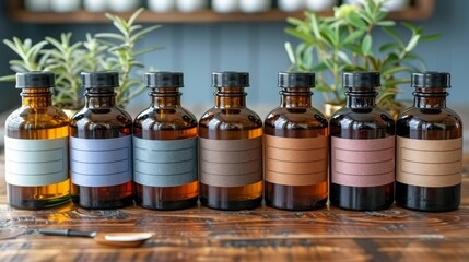 Assortment of unlabeled cosmetic bottles with botanicals elegantly arranged on a tabletop
