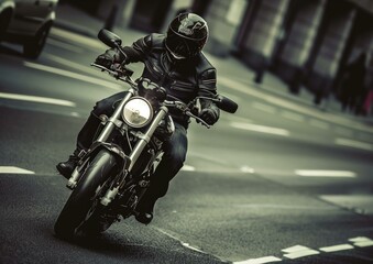 Urban Biker Riding Motorcycle on City Street, Lifestyle of Motorcyclist in Leather Gear