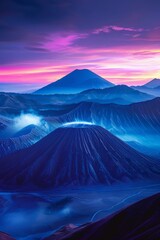 sunrise in the Bromo mountain, Java, Indonesia , neon light