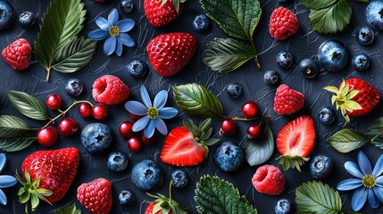   Black surface with leaves and flowers has arranged berries, strawberries, blueberries, and...