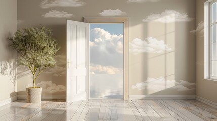 Dreamy room interior featuring a door leading to a reflective lake landscape, adorned with clouds and warm neutrals like beige and taupe for coziness