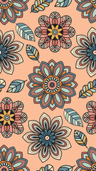 Folk flowers and leaves seamless pattern. Abstract decorative folk style flowers and leaves, seamless patterns for fabric, textiles, clothing, wrapping paper, cover, banner, interior decor