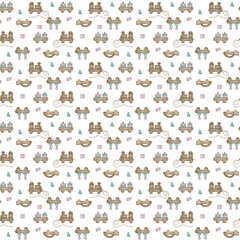 Toddler wooden toys seamless pattern isolated on white. Baby stacking train toy with geometric blocks in watercolor hand drawn . Car for little children in pastel shades. Design for textile, fabric