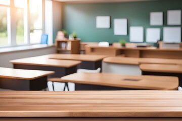 empty wooden desk in classroom