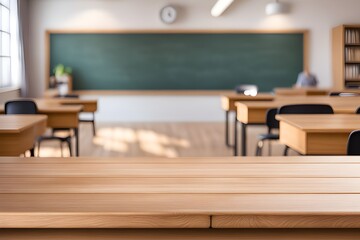 empty wooden desk in classroom