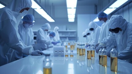 Doctors and nurses, garbed in full protective attire, scrutinizing a vial of dangerous virus in the hospital.