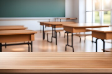 empty wooden desk in classroom