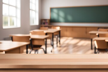 empty wooden desk in classroom