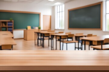 empty wooden desk in classroom