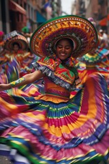 Smiling woman in a vividly colored traditional dress swirls dramatically during a street dance, a cascade of colors in motion.