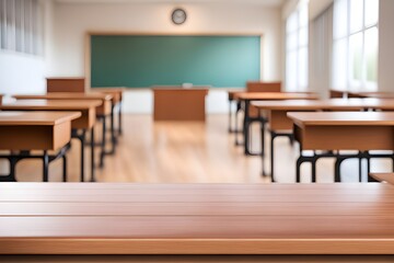 empty wooden desk in classroom