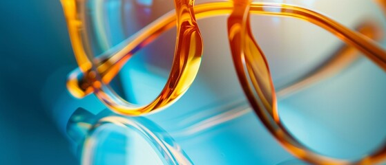 Close-up Abstract Reflection of Orange Eyeglasses on Blue Background