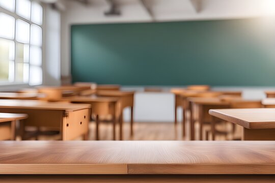empty wooden desk in classroom