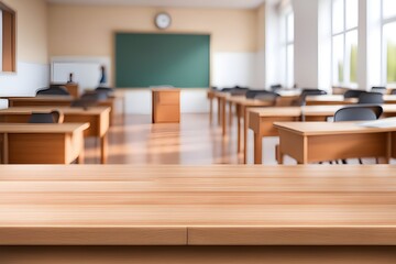 empty wooden desk in classroom