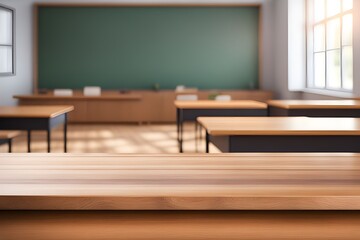 empty wooden desk in classroom