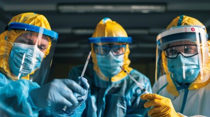 Medical professionals, masked and vigilant, examining a vial suspected of containing a virulent pathogen.