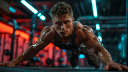 Focused athlete performing push-ups in a gym with vibrant lighting, illustrating dedication to physical fitness and muscle building.