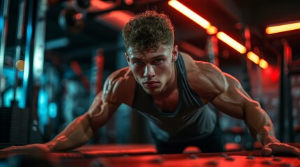 Focused athlete performing push-ups in a gym with vibrant lighting, illustrating dedication to physical fitness and muscle building. - obrazy, fototapety, plakaty