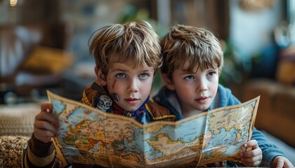 Boys dressed as a pirate captain and read travel map 