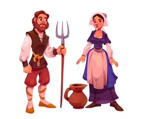 Medieval people character man and woman vector set. Middle age fairytale costume for girl and male peasant. Ancient european human dress collection. Happy historical young farmer isolated icon - obrazy, fototapety, plakaty