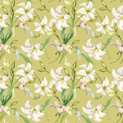 Flowers pastel color seamless pattern isolated on beige. White lilies watercolor background. Backdrop with lilium and leaves. Floral design for wedding invitation, christening, Easter card, textile