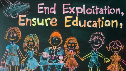"End Exploitation, Ensure Education" written in colorful markers on a blackboard, accompanied by drawings of smiling children attending school and engaging in safe activities, raising awareness for Wo