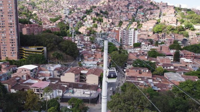 Metrocable gliding over Comuna 13's diverse urban landscape in Medellin, Colombia