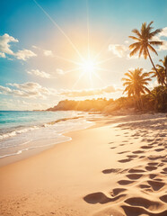 Shallow depth of field image of a beach with a palm tree, sun shining, and footprints in the sand. Summer vacation, travel, holidays background, wallpaper, banner. © Dalew