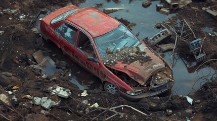 Red car partially submerged in muddy water among scattered debris in a wasteland area. - obrazy, fototapety, plakaty