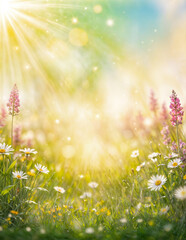 Fototapeta premium Soft focus image of a meadow of wildflowers and grass with a sunburst and bokeh. Blurry spring flower background, wallpaper, backdrop, banner.