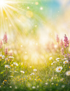 Fototapeta Soft focus image of a meadow of wildflowers and grass with a sunburst and bokeh. Blurry spring flower background, wallpaper, backdrop, banner.