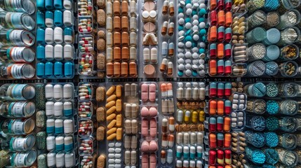 A conveyor belt filled with various vibrant pills is moving in a pharmaceutical production line in a modern factory.