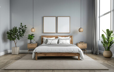 Serene bedroom interior with natural elements, Bright and stylish bedroom design featuring a wooden bed, leafy plants, and neutral tones