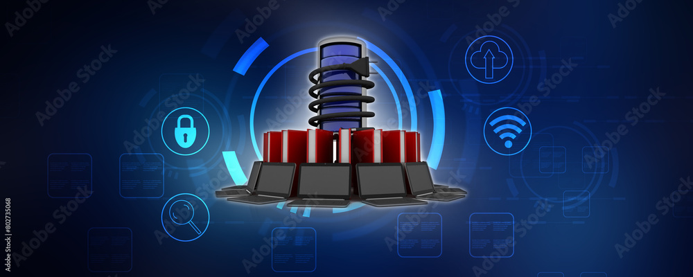 Poster 3d rendering technology computer network around book near optical cable connected battery