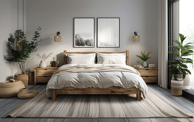 Serene bedroom interior with natural elements, Bright and stylish bedroom design featuring a wooden bed, leafy plants, and neutral tones