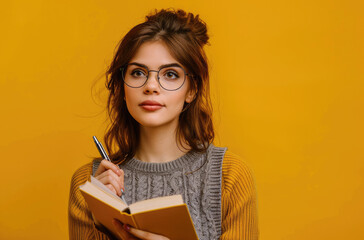 Portrait of a girl with glasses holding a pen and notebook in her hand as she thinks, writes or takes notes on a yellow background.
