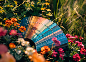 Color swatch fan in garden setting, Vibrant color swatches nestled in a lush garden, showcasing a harmony of art and nature