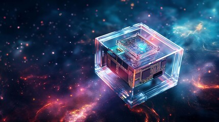 A quantum computer chip, encased in a secure, transparent cube, processing encrypted data at incredible speeds, set against a background of deep space. 32k, full ultra hd, high resolution
