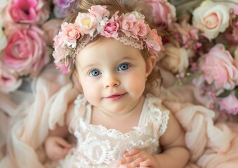 Fototapeta premium Adorable Baby Girl Wearing Floral Headband Lying Amongst Roses