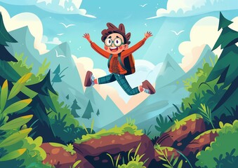 Joyful Cartoon Boy Jumping with Excitement in Lush Mountain Landscape