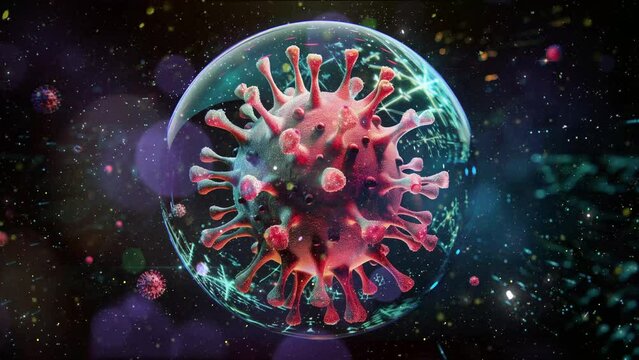 colorized scanning micrograph of some virus 3d render. seamless looping overlay 4k virtual video animation background