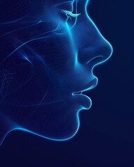 The image shows a blue wireframe of a woman's face. The face is in profile and the woman is looking to the right. The image is on a dark blue background.