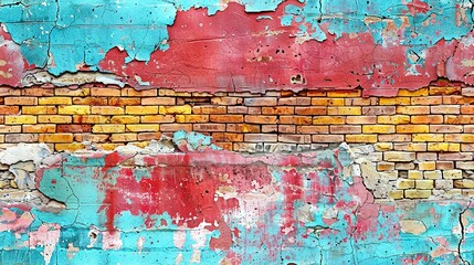   A detailed photo of a brick wall with peeling paint in red and blue shades on one side
