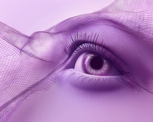 The image shows a woman's eye with purple eyeshadow